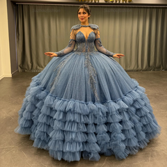 Ball Gown V Neck Sleeveless Detachable Sleeves & Shawl Beaded Sequins Appliques Ruffles Tiered Sparkly Blue Tulle Quinceanera Dress Birthday Party Dress For Sweet 16