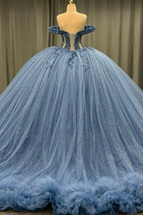 Ball Gownoff Shoulder Sleeveless Fully Beaded Appliques Pleated Lace Up Sparkly Blue Tulle Quinceanera Dress Formal Evening Gown For Sweet 16