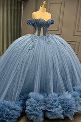 Ball Gownoff Shoulder Sleeveless Fully Beaded Appliques Pleated Lace Up Sparkly Blue Tulle Quinceanera Dress Formal Evening Gown For Sweet 16