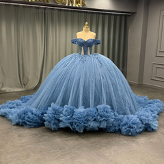 Ball Gownoff Shoulder Sleeveless Fully Beaded Appliques Pleated Lace Up Sparkly Blue Tulle Quinceanera Dress Formal Evening Gown For Sweet 16