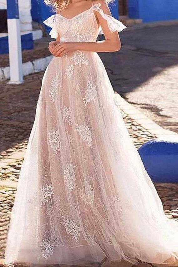 Beach A-Line Beach Wedding Dress Spaghetti Strap Lace Tulle Short Sleeve Sexy See-Through Bridal Gowns