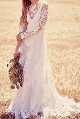 Beach A-Line Jewel Beach Wedding Dress Lace Long Sleeve Bridal Gowns with Sweep Train