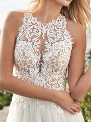 Beach A-Line Wedding Dress Jewel Lace Satin Tulle Sleeveless Bridal Gowns with Sweep Train