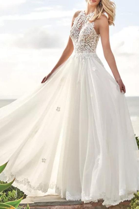 Beach A-Line Wedding Dress Jewel Lace Satin Tulle Sleeveless Bridal Gowns with Sweep Train