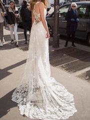 Beach Boho A-Line Beach Wedding Dress V-neck Lace Tulle Jersey Sleeveless Sexy See-Through Bridal Gowns with Sweep Train