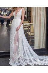 Beach Boho A-Line Beach Wedding Dress V-neck Lace Tulle Jersey Sleeveless Sexy See-Through Bridal Gowns with Sweep Train