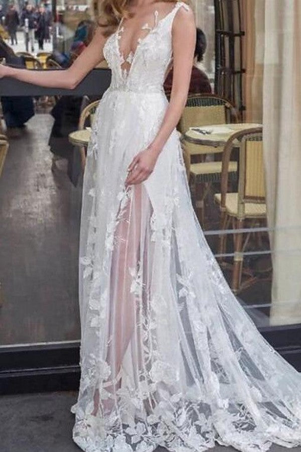 Beach Boho A-Line Beach Wedding Dress V-neck Lace Tulle Jersey Sleeveless Sexy See-Through Bridal Gowns with Sweep Train