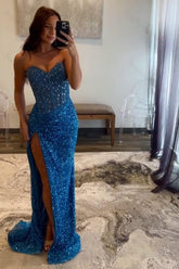 Beaded Blue Prom Dress Sweetheart Long Formal Dress With Slit
