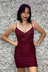 Beaded Burgundy Homecoming Dresses Spaghetti Straps Tight Short Cocktail Dresses