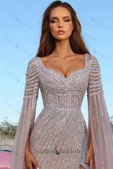 Beaded Cap Sleeve Prom Dress Sheath Formal Dress with Slit
