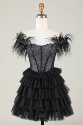 Beaded Corset A-Line Black Homecoming Dresses Short Cocktail Dresses with Feathers