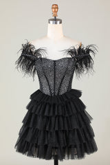 Beaded Corset A-Line Black Homecoming Dresses Short Cocktail Dresses with Feathers