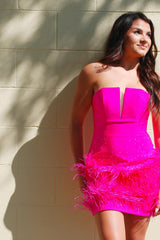 Beaded Fuchsia Homecoming Dresses Bodycon Feathered Prom Dress