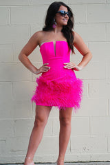Beaded Fuchsia Homecoming Dresses Bodycon Feathered Prom Dress