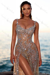 Beaded Spaghetti Straps Prom Dress Sleeveless Formal Evening Dress with Slit