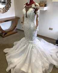 Beading Mermaid Sheer Tulle Wedding Dresses | Appliques Long Sleeve Bridal Dresses