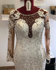Beading Mermaid Sheer Tulle Wedding Dresses | Appliques Long Sleeve Bridal Dresses