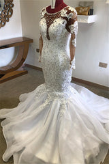 Beading Mermaid Sheer Tulle Wedding Dresses | Appliques Long Sleeve Bridal Dresses