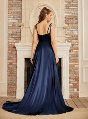 Beautiful A-Line Sleeveless Spaghetti Straps Satin Prom Dresses with Split