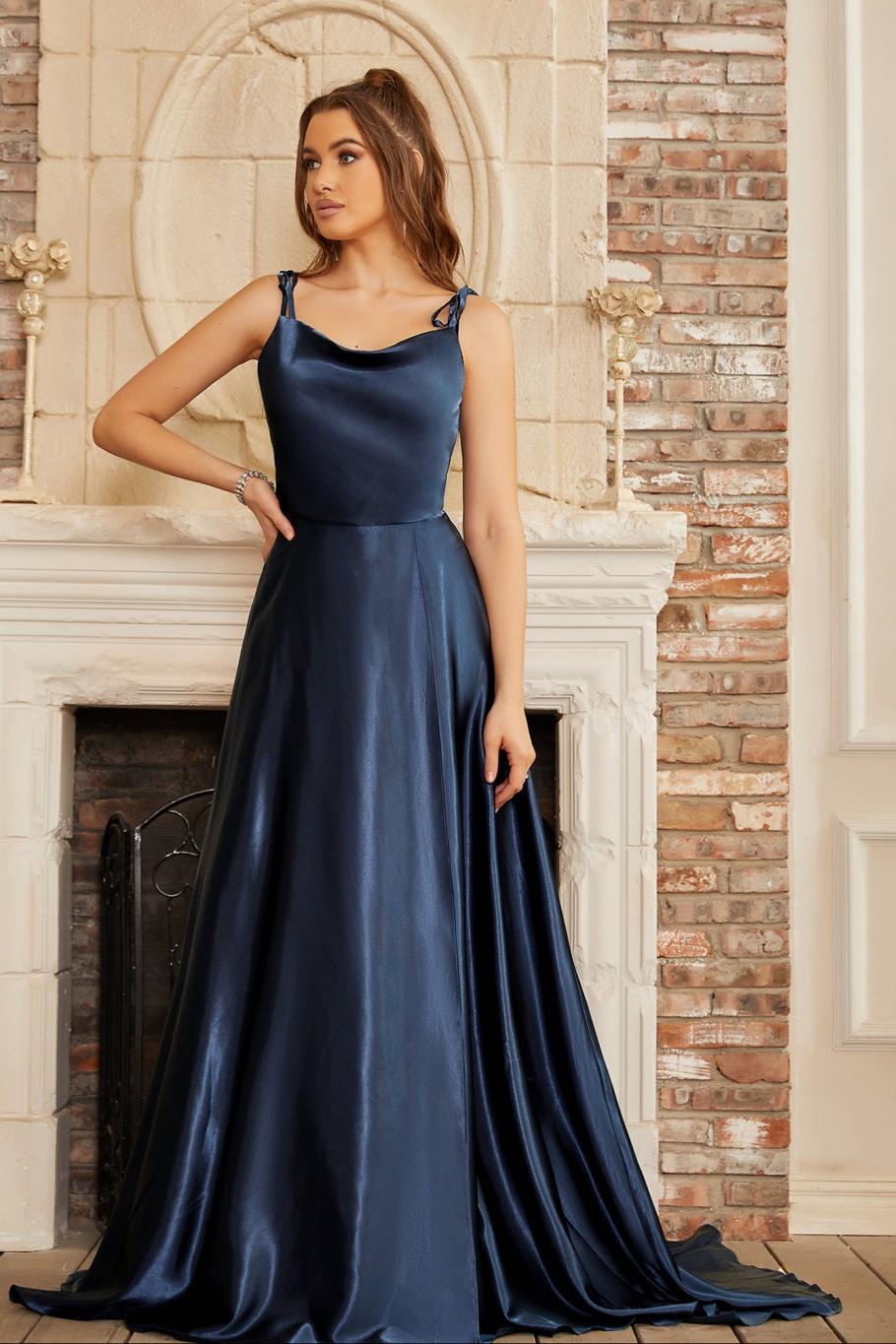 Beautiful A-Line Sleeveless Spaghetti Straps Satin Prom Dresses with Split