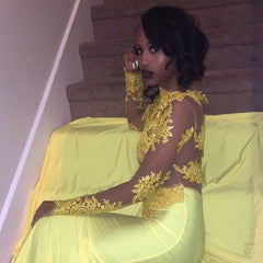 Beautiful High Neck Evening Dress Yellow Long-Sleeve Lace Appliques Mermaid Prom Dress
