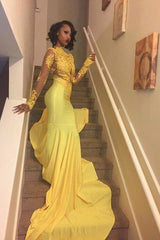Beautiful High Neck Evening Dress Yellow Long-Sleeve Lace Appliques Mermaid Prom Dress