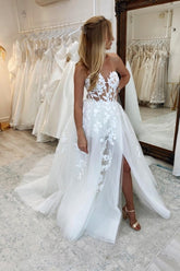 Beautiful Long A-line Sleeveless Split Bridal Gowns With Lace