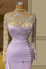 Beautiful Long Mermaid High Neck Lace Beading Evening Prom Dresses With Long Sleeves