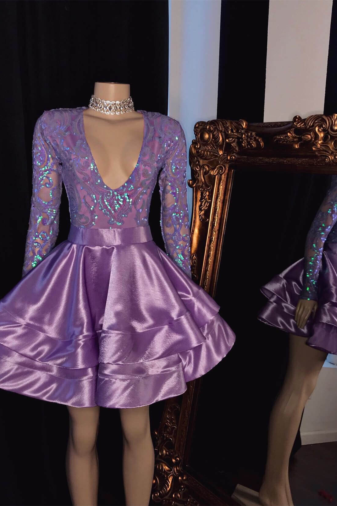 Beautiful Long Sleeves Homecoming Dress Purple V Neck Mini Prom Dress