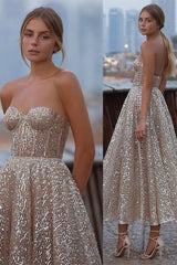 Beautiful Strapless Sweetheart Sequins A-Line Prom Dresses Tea-Length