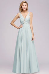 Beautiful V-Neck Sleeveless Floor-Length Chiffon A-Line Prom Dresses with Open Back