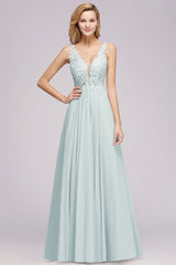 Beautiful V-Neck Sleeveless Floor-Length Chiffon A-Line Prom Dresses with Open Back