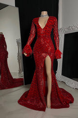 Beautiful V-neck Spilt Front Mermaid Prom Dress With Long Sleeves