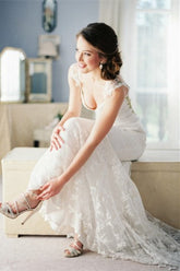 Beautiful White Lace Flower Beach Wedding Dress Popular Sweep Train Formal Plus Size Bridal Gown