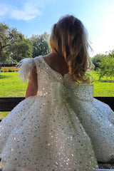 Beautiful White Sequins Flower Girl Dress With Cap Sleeves Feather