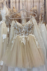 Beige Spaghetti Straps Prom Dress With Appliques