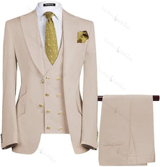 Beige Three Piece Peaked Lapel Prom Suit
