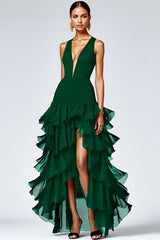 Suzhoufashion Black A Line V-Neck Tiered Sleeveless Long Prom Dress With Slit