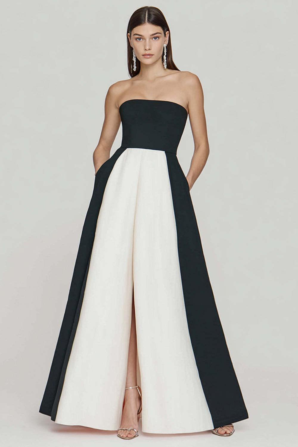 Suzhoufashion Black And White A Line Strapless Long Prom Dress With Slit