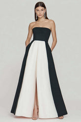 Suzhoufashion Black And White A Line Strapless Long Prom Dress With Slit