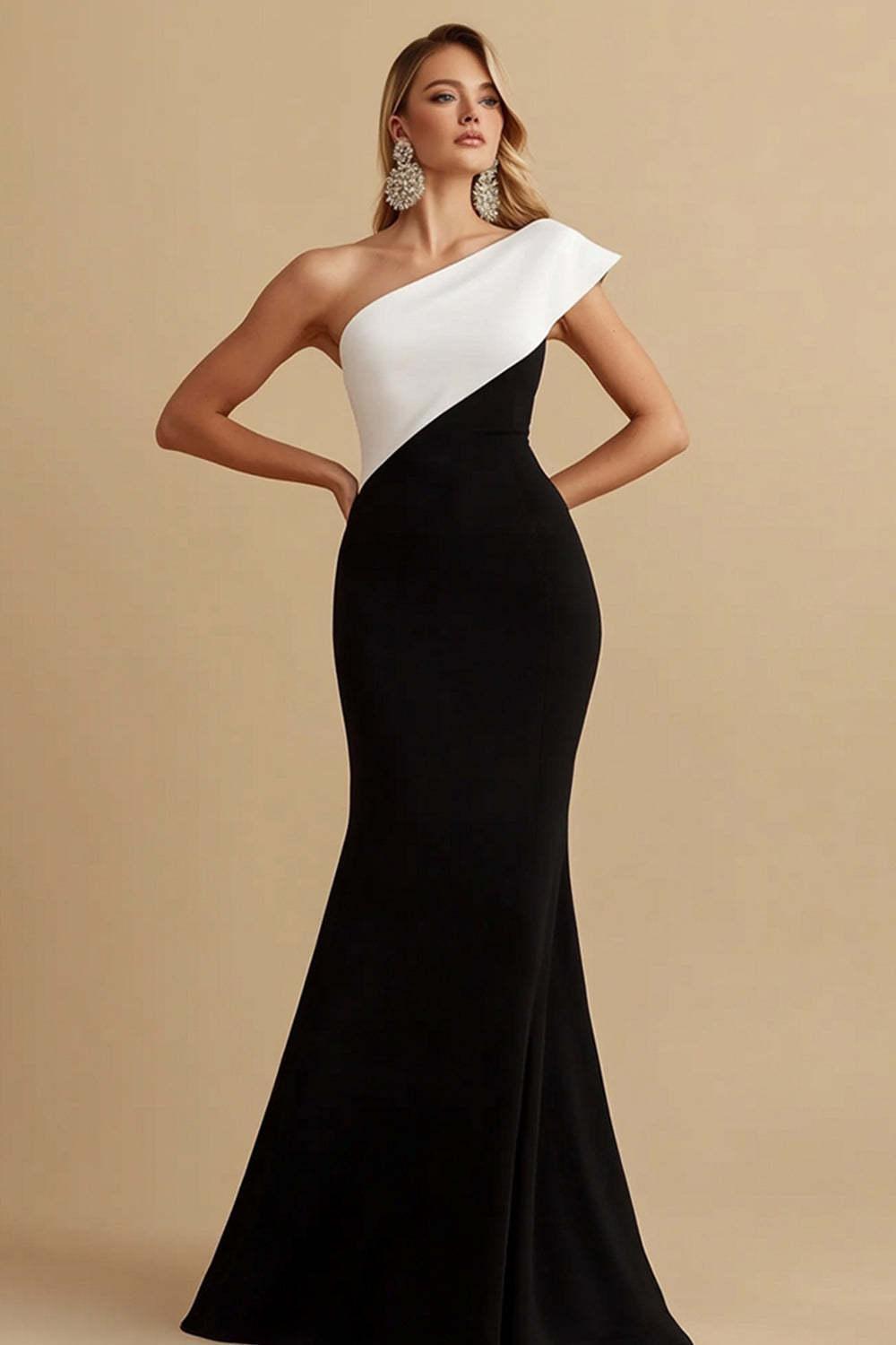 Suzhoufashion Black And White Mermaid One Shoulder Long Satin Evening Dress