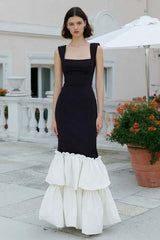 Suzhoufashion Black And White Mermaid Tiered Thick Straps Long Prom Dress