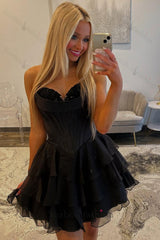 Black Corset A Line Homecoming Dresses Short Cocktail Dresses With Ruffles