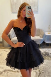 Black Corset A Line Homecoming Dresses Short Cocktail Dresses With Ruffles