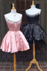 Black Corset Homecoming Dresses Strapless Short Cocktail Dresses With Rhinestone