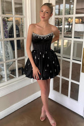 Black Corset Homecoming Dresses Strapless Short Cocktail Dresses With Rhinestone