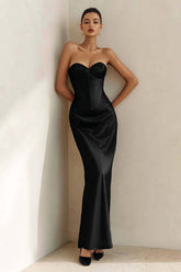 Suzhoufashion Black Corset Mermaid Sweetheart Long Satin Prom Dress
