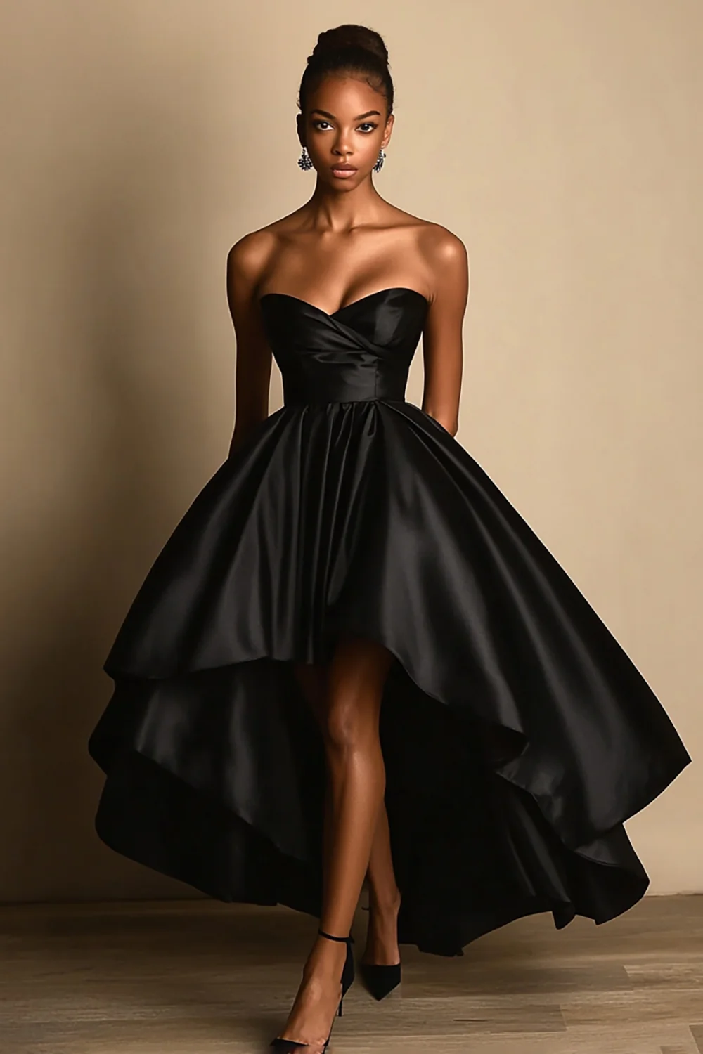 Black High Low Formal Dress Satin A Line Sweetheart Wedding Guest Dress