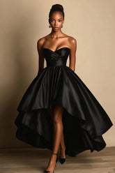 Black High Low Formal Dress Satin A Line Sweetheart Wedding Guest Dress