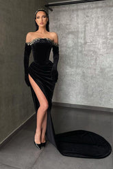 Black High-split Velvet Off-the-shoulder Mermaid Evening Prom Dresses